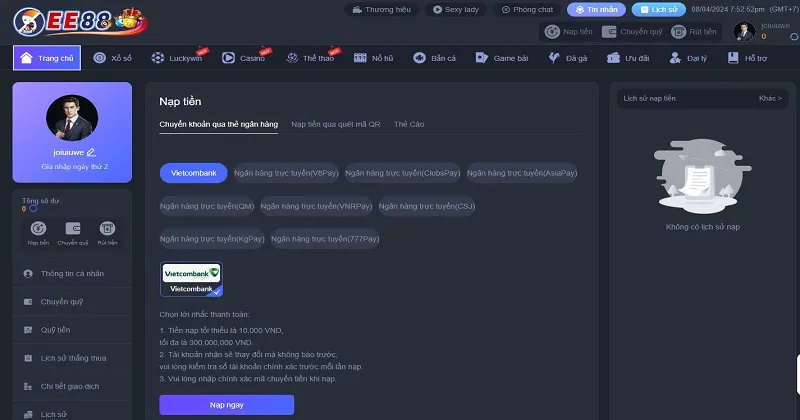 Hướng dẫn nạp tiền EE88 chi tiết