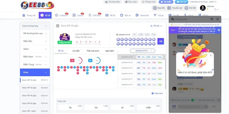 Keno sản phẩm xổ số EE88 có tỷ lệ thắng cực cao