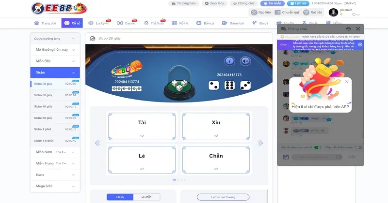 Sicbo siêu phẩm xổ số EE88 dễ chơi, dễ thắng